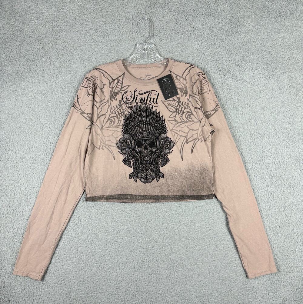 Sinful Affliction Cropped Top Women's XL Beige Thunder Sky Rhinestone Grunge